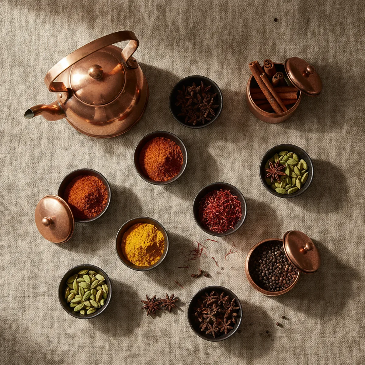 An overhead spread of small-batch spices in dark bowls and copper tins on linen