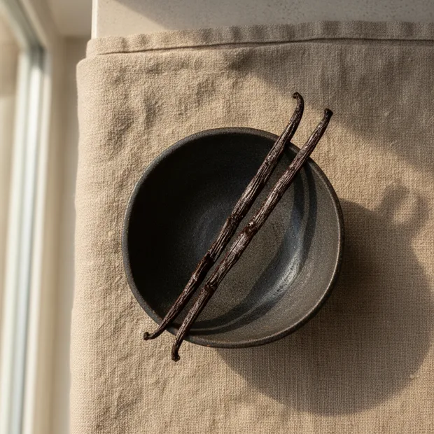 Whole Madagascar vanilla beans in a dark ceramic bowl